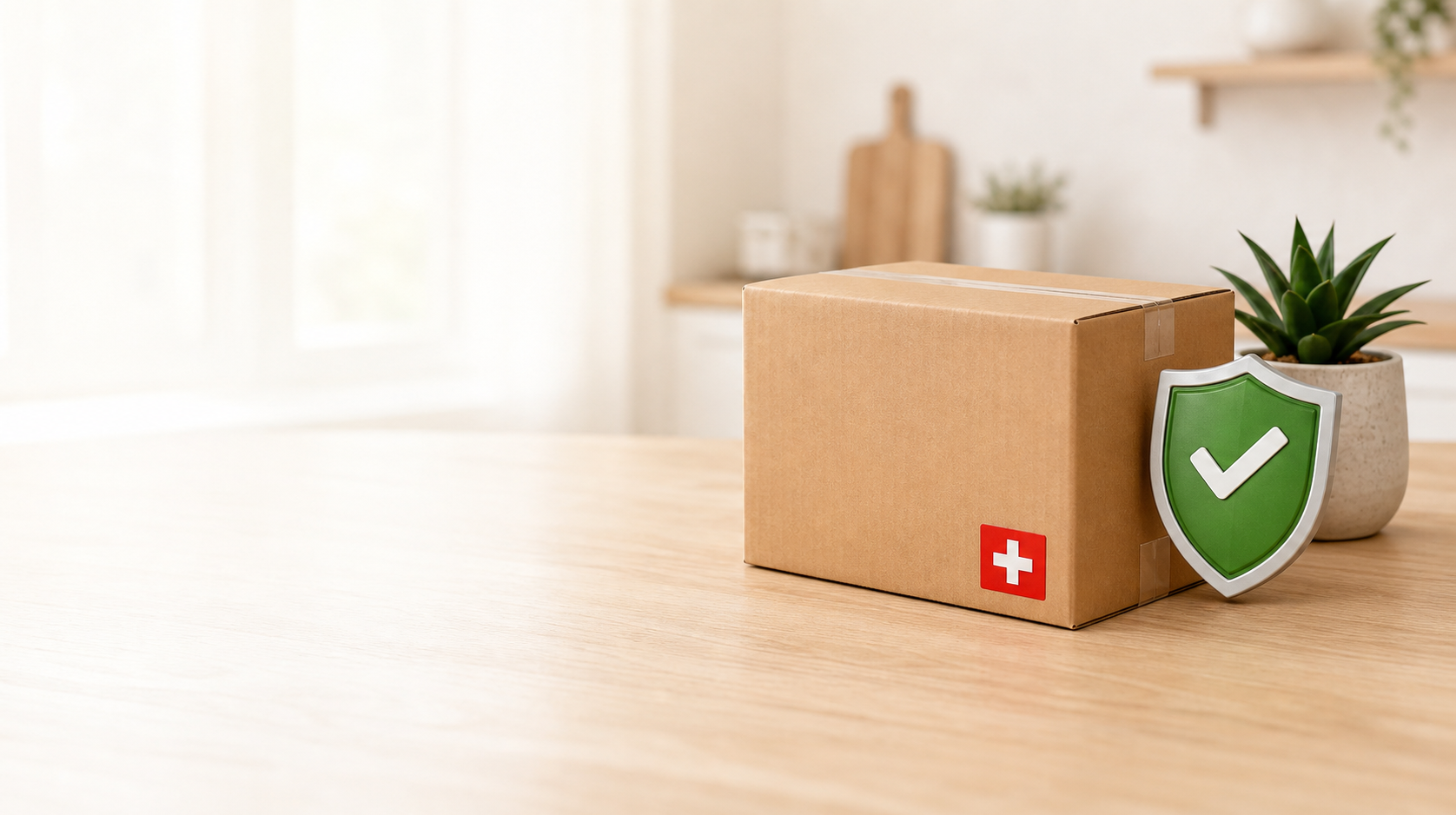 Paket mit Schweizer Versandaufkleber und grünem Schutzschild